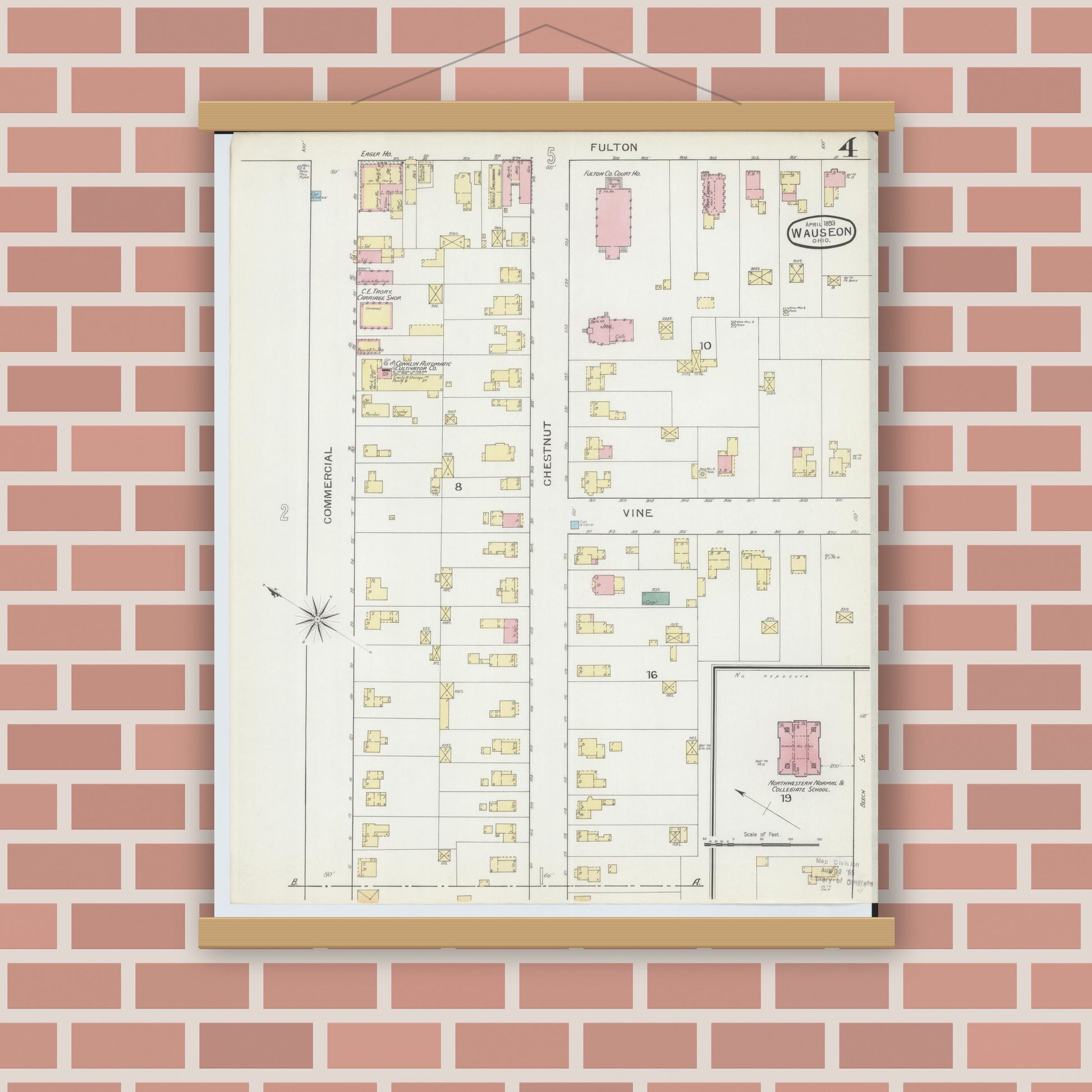 Old map wall art mockup — magnetic wood frame on brick wall — Sanborn Fire Insurance Map from Wauseon, Fulton County, Ohio (1893), Sheet #0004
