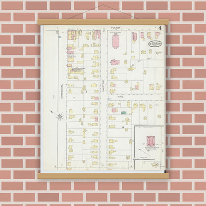 Old map wall art mockup — magnetic wood frame on brick wall — Sanborn Fire Insurance Map from Wauseon, Fulton County, Ohio (1893), Sheet #0004