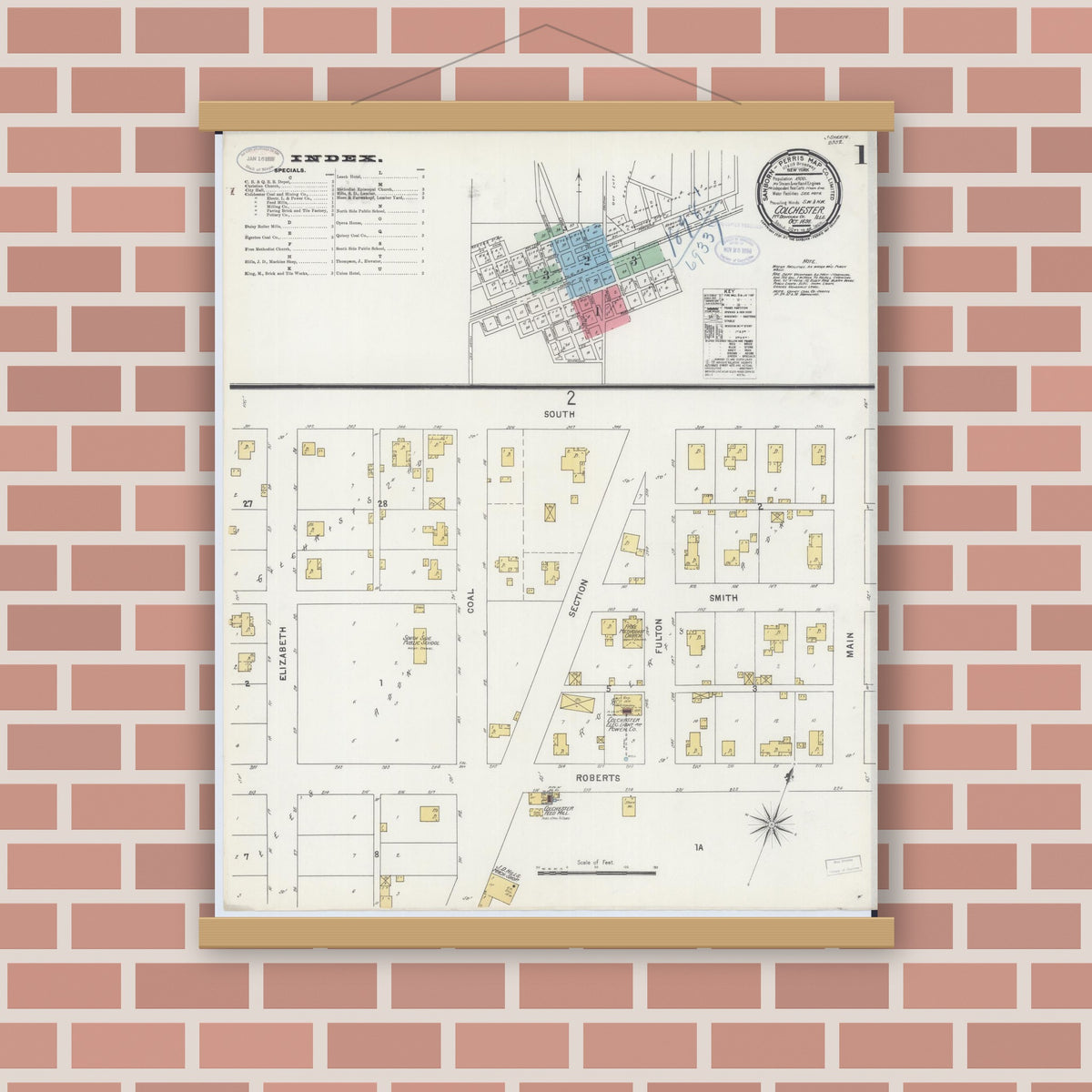 Old map wall art mockup — magnetic wood frame on brick wall — Sanborn Fire Insurance Map from Colchester, Mcdonough County, Illinois (1898) - Complete Map Set