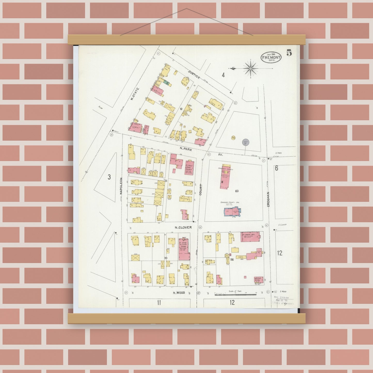 Old map wall art mockup — magnetic wood frame on brick wall — Sanborn Fire Insurance Map from Fremont, Sandusky County, Ohio (1904), Sheet #0005