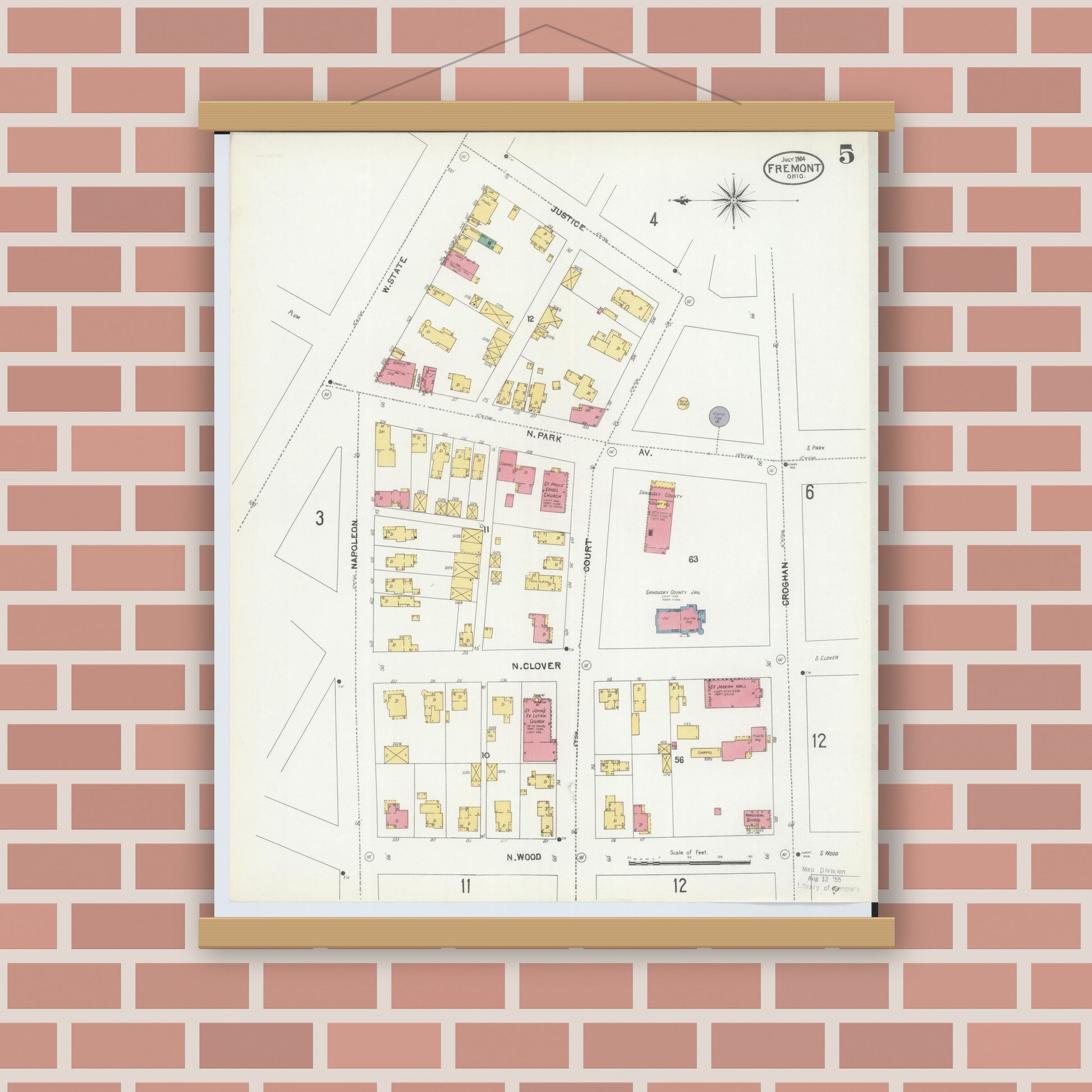 Old map wall art mockup — magnetic wood frame on brick wall — Sanborn Fire Insurance Map from Fremont, Sandusky County, Ohio (1904), Sheet #0005