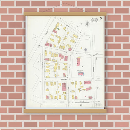 Old map wall art mockup — magnetic wood frame on brick wall — Sanborn Fire Insurance Map from Fremont, Sandusky County, Ohio (1904), Sheet #0005