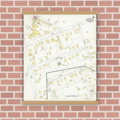 Old map wall art mockup — magnetic wood frame on brick wall — Sanborn Fire Insurance Map from Randolph, Norfolk County, Massachusetts (1909), Sheet #0009