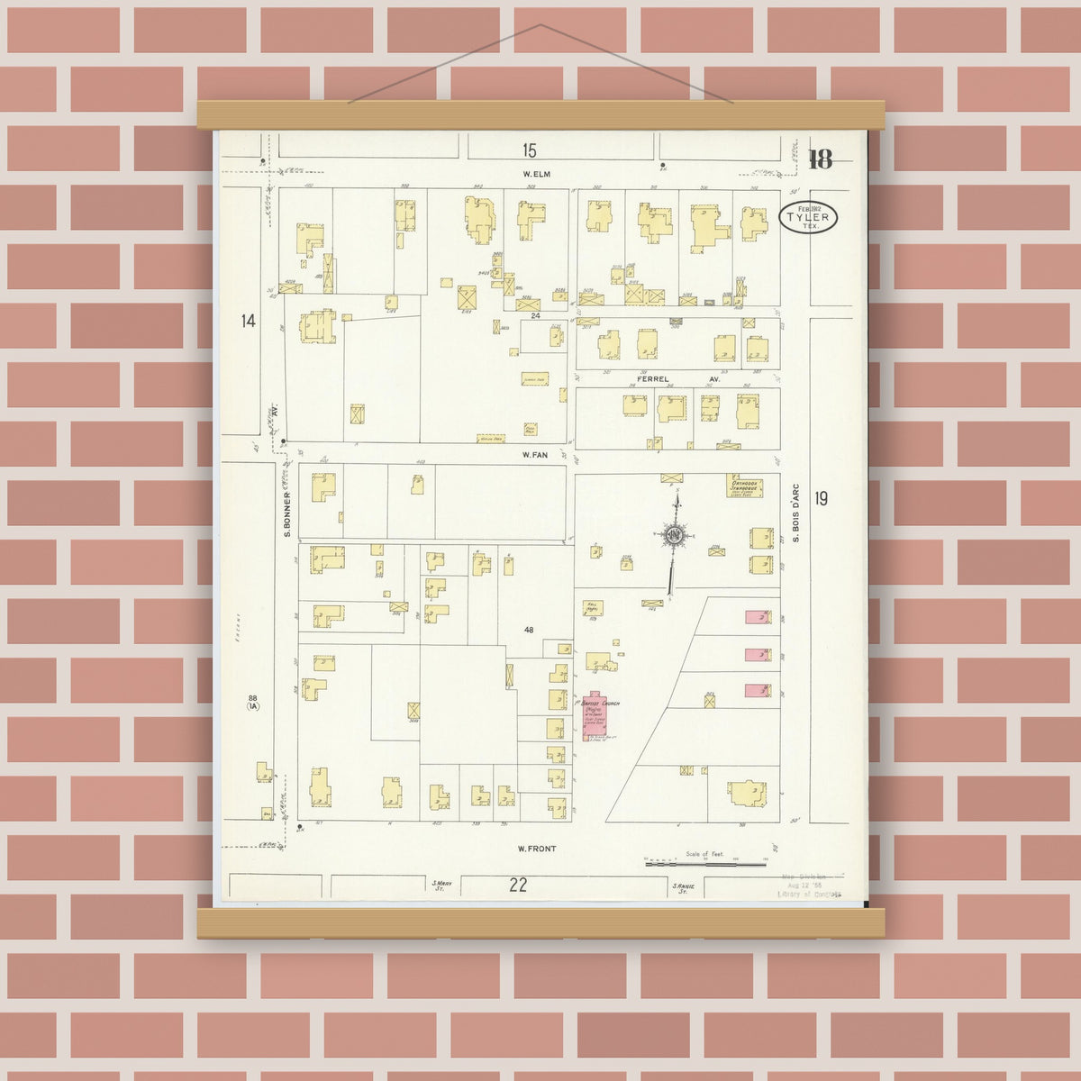 Old map wall art mockup — magnetic wood frame on brick wall — Sanborn Fire Insurance Map from Tyler, Smith County, Texas (1912), Sheet #0018