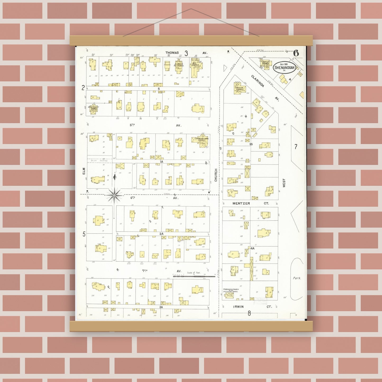 Old map wall art mockup — magnetic wood frame on brick wall — Sanborn Fire Insurance Map from Shenandoah, Page County, Iowa (1901), Sheet #0006