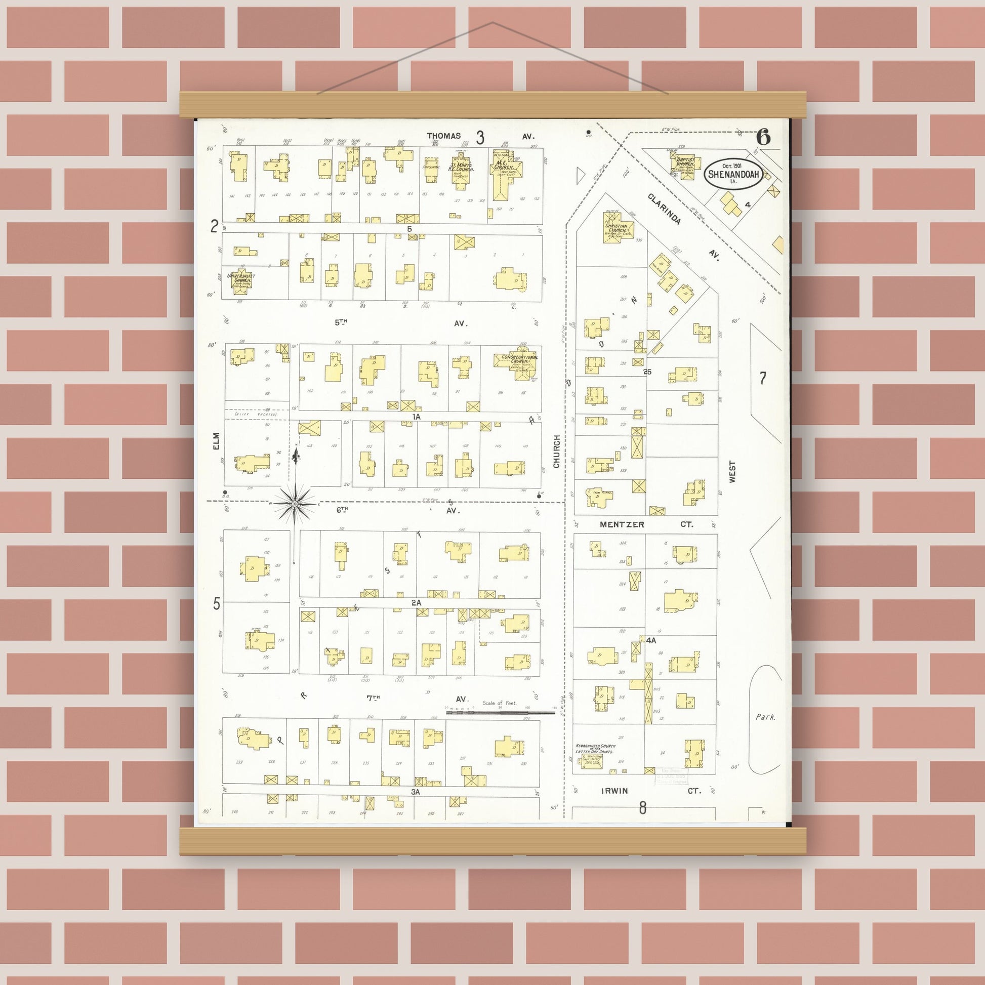 Old map wall art mockup — magnetic wood frame on brick wall — Sanborn Fire Insurance Map from Shenandoah, Page County, Iowa (1901), Sheet #0006