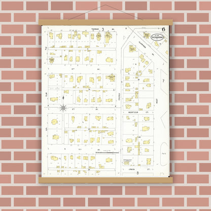Old map wall art mockup — magnetic wood frame on brick wall — Sanborn Fire Insurance Map from Shenandoah, Page County, Iowa (1901), Sheet #0006