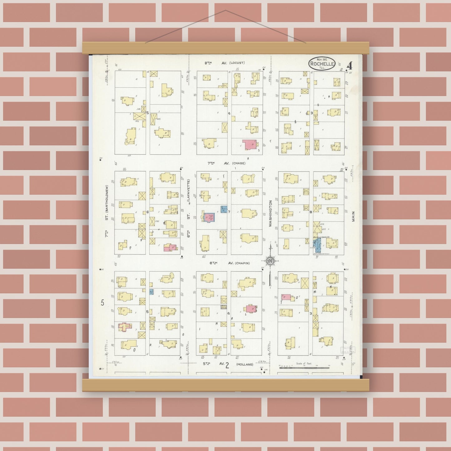 Old map wall art mockup — magnetic wood frame on brick wall — Sanborn Fire Insurance Map from Rochelle, Ogle County, Illinois (1912), Sheet #0004