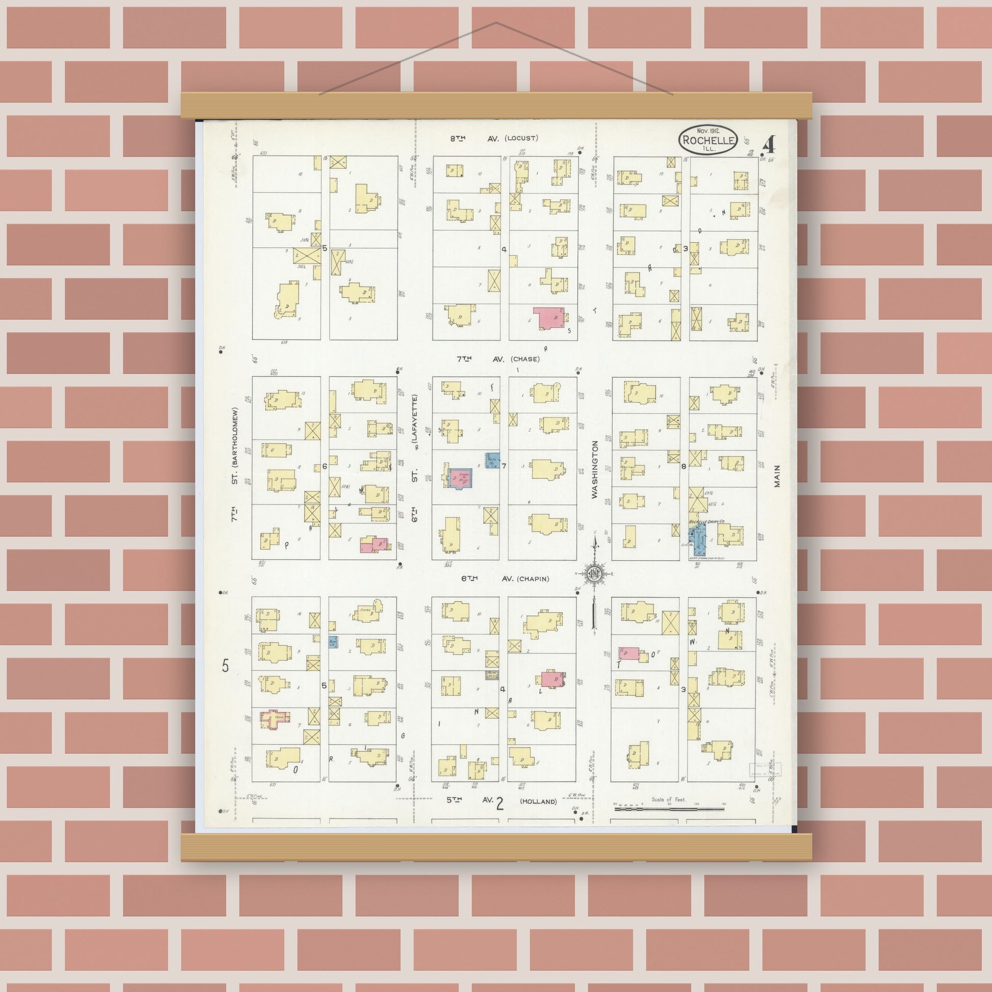 Old map wall art mockup — magnetic wood frame on brick wall — Sanborn Fire Insurance Map from Rochelle, Ogle County, Illinois (1912), Sheet #0004