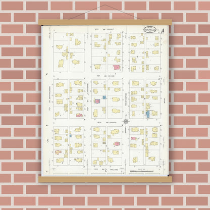 Old map wall art mockup — magnetic wood frame on brick wall — Sanborn Fire Insurance Map from Rochelle, Ogle County, Illinois (1912), Sheet #0004