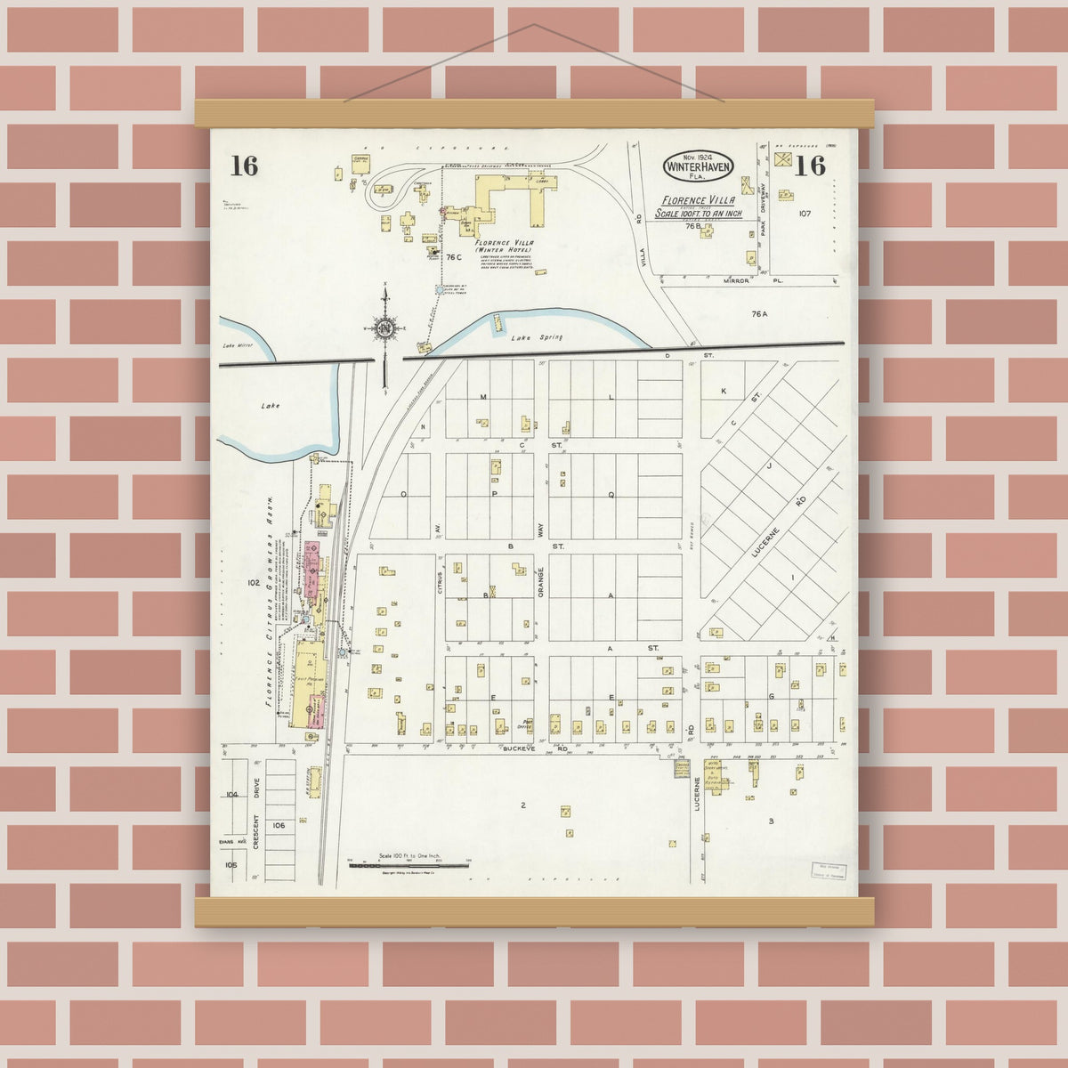 Old map wall art mockup — magnetic wood frame on brick wall — Sanborn Fire Insurance Map from Winter Haven, Polk County, Florida (1924), Sheet #0016