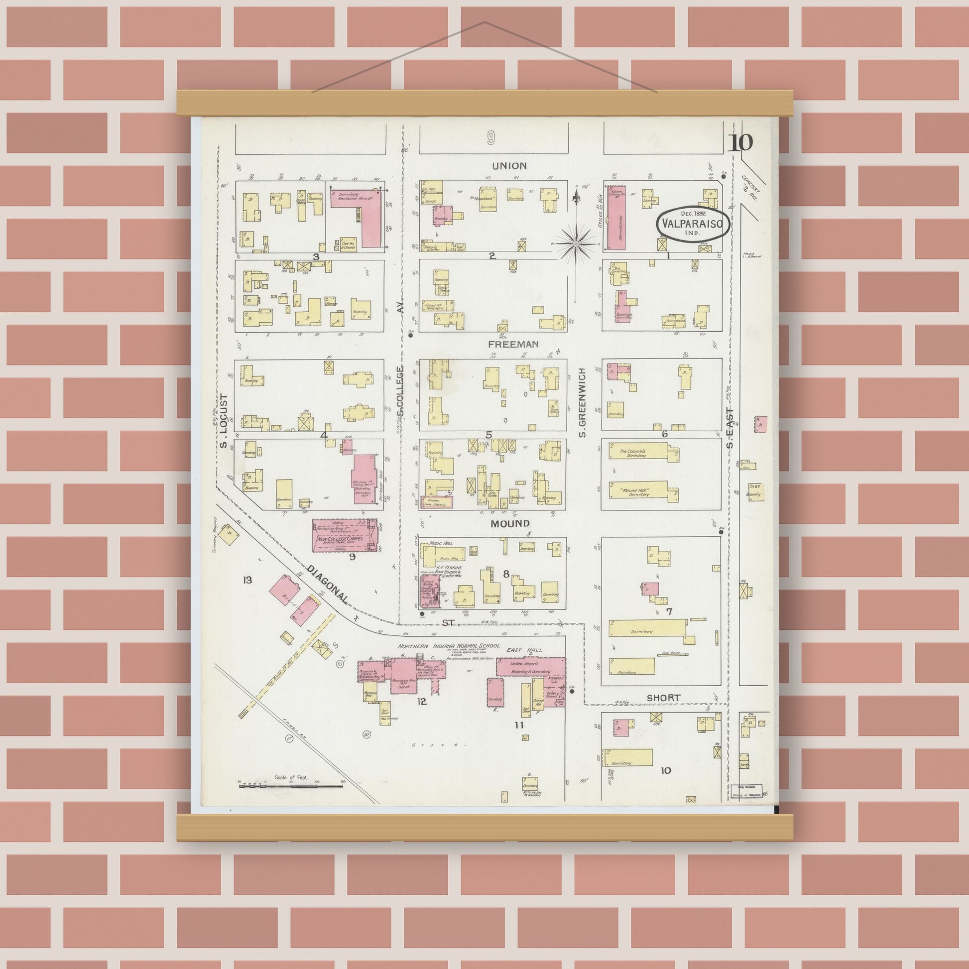 Old map wall art mockup — magnetic wood frame on brick wall — Sanborn Fire Insurance Map from Valparaiso, Porter County, Indiana (1892), Sheet #0010