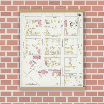 Old map wall art mockup — magnetic wood frame on brick wall — Sanborn Fire Insurance Map from Valparaiso, Porter County, Indiana (1892), Sheet #0010