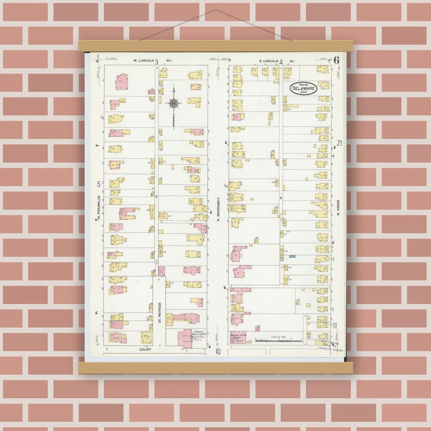 Old map wall art mockup — magnetic wood frame on brick wall — Sanborn Fire Insurance Map from Delaware, Delaware County, Ohio (1911), Sheet #0006