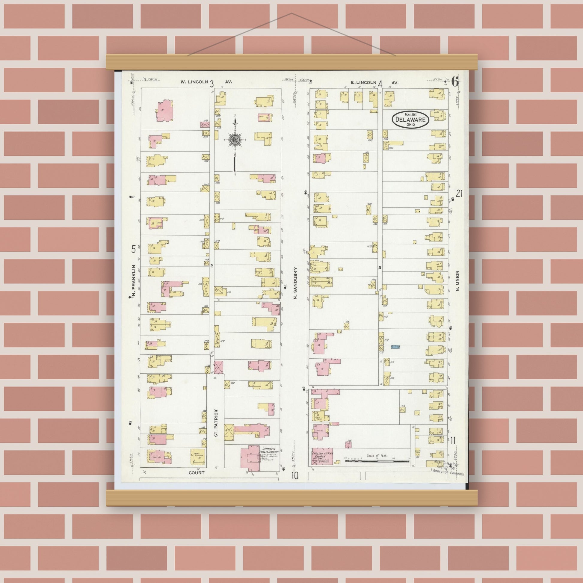 Old map wall art mockup — magnetic wood frame on brick wall — Sanborn Fire Insurance Map from Delaware, Delaware County, Ohio (1911), Sheet #0006