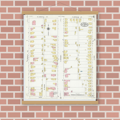 Old map wall art mockup — magnetic wood frame on brick wall — Sanborn Fire Insurance Map from Delaware, Delaware County, Ohio (1911), Sheet #0006