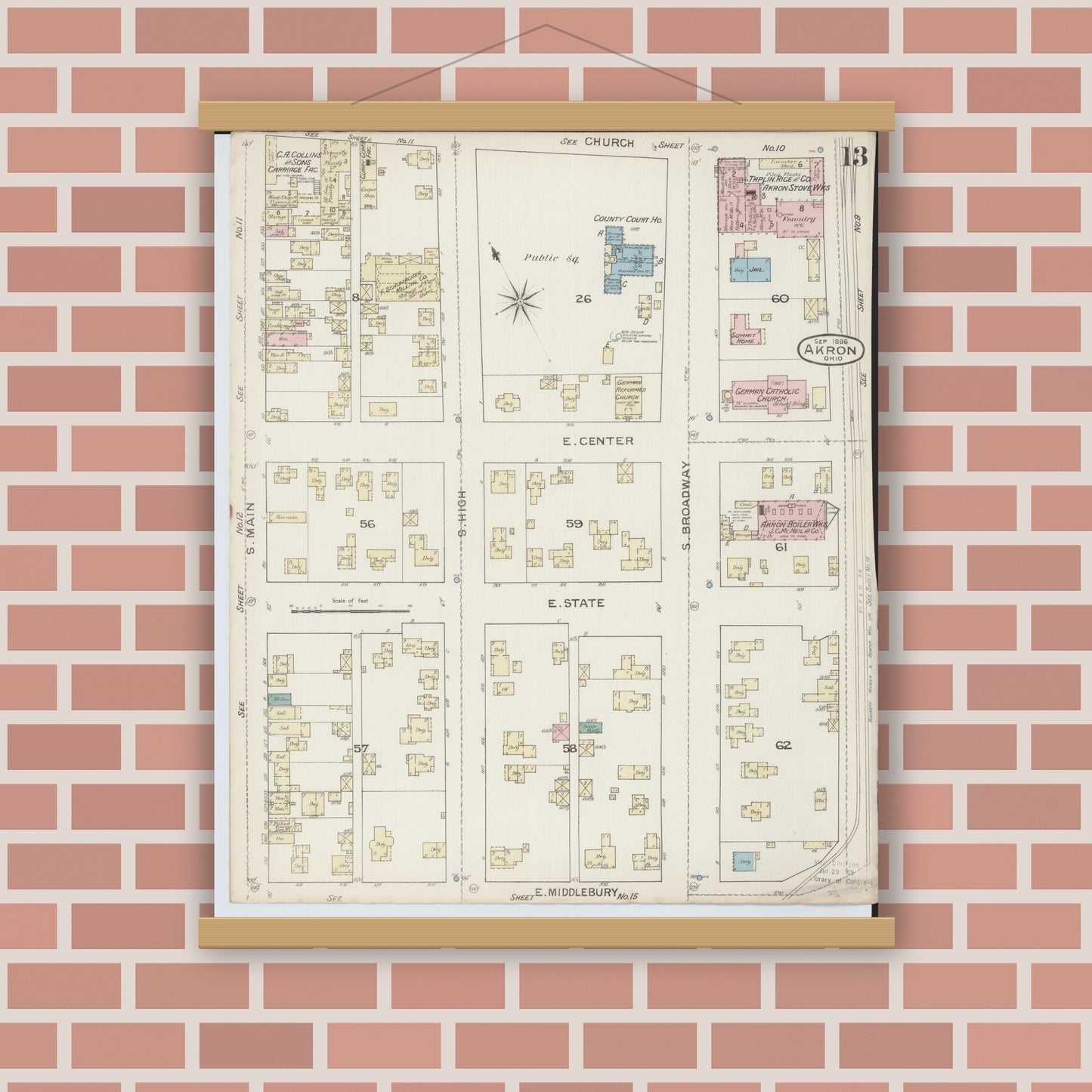 Old map wall art mockup — magnetic wood frame on brick wall — Sanborn Fire Insurance Map from Akron, Summit County, Ohio (1886), Sheet #0013
