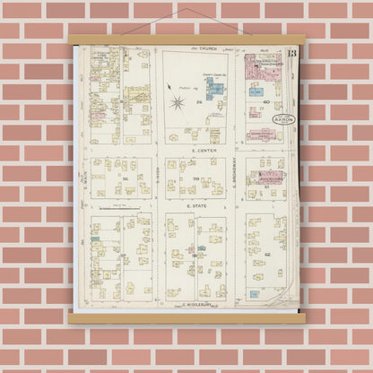 Old map wall art mockup — magnetic wood frame on brick wall — Sanborn Fire Insurance Map from Akron, Summit County, Ohio (1886), Sheet #0013