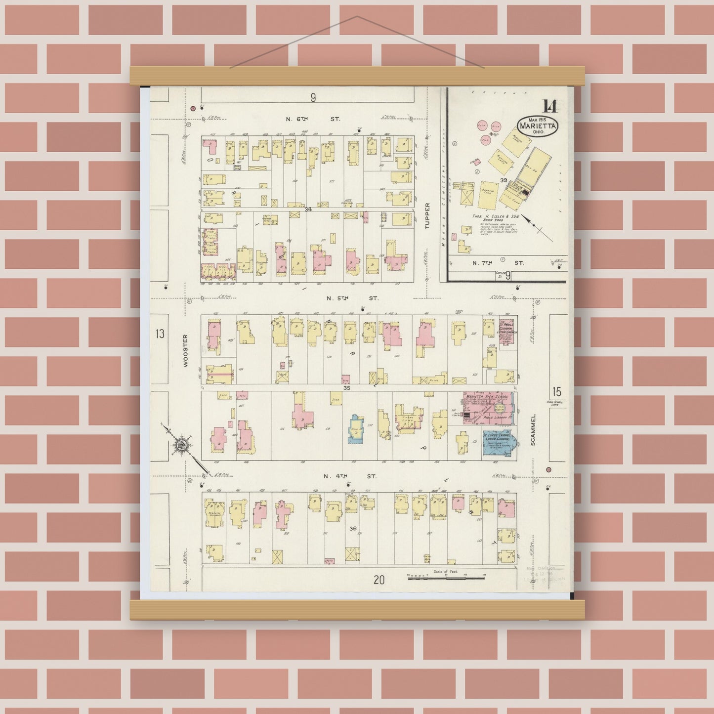 Old map wall art mockup — magnetic wood frame on brick wall — Sanborn Fire Insurance Map from Marietta, Washington County, Ohio (1915), Sheet #0014