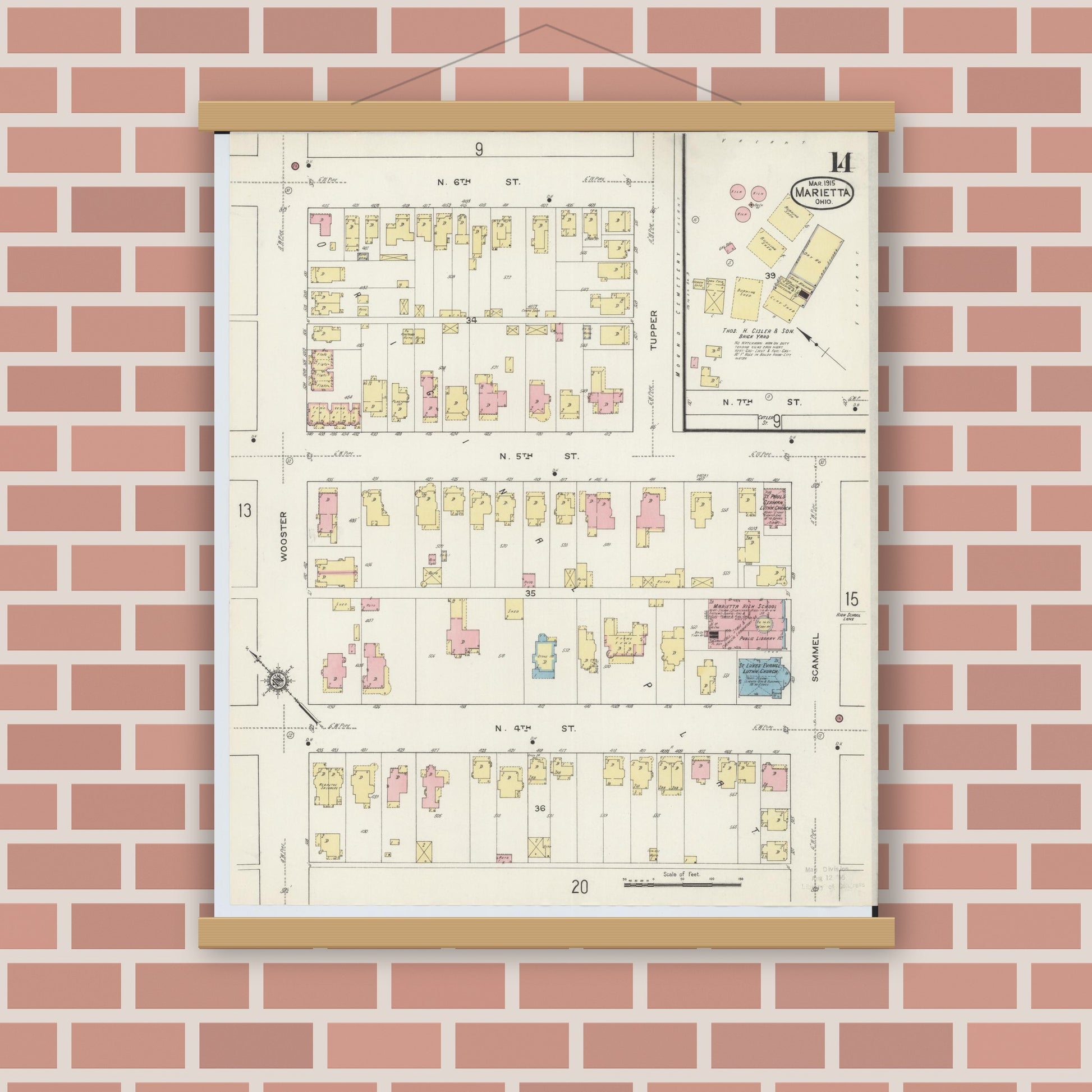 Old map wall art mockup — magnetic wood frame on brick wall — Sanborn Fire Insurance Map from Marietta, Washington County, Ohio (1915), Sheet #0014