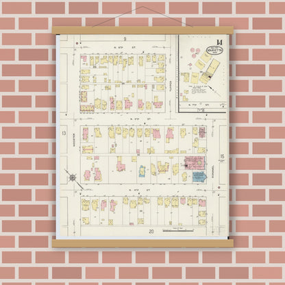 Old map wall art mockup — magnetic wood frame on brick wall — Sanborn Fire Insurance Map from Marietta, Washington County, Ohio (1915), Sheet #0014
