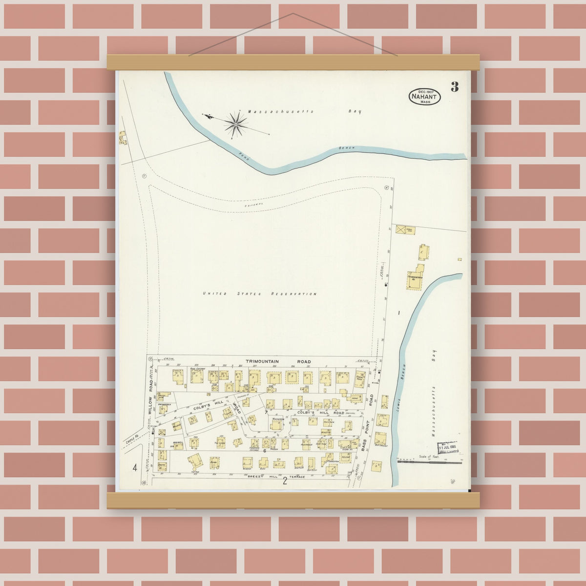 Old map wall art mockup — magnetic wood frame on brick wall — Sanborn Fire Insurance Map from Nahant, Essex County, Massachusetts (1907), Sheet #0003