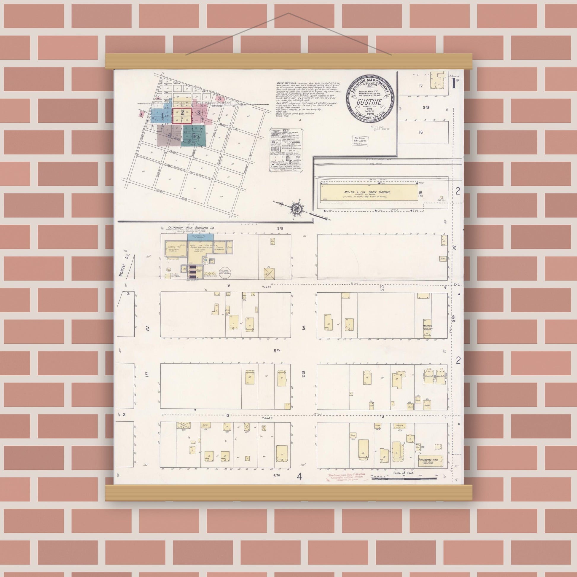 Old map wall art mockup — magnetic wood frame on brick wall — Sanborn Fire Insurance Map from Gustine, Merced County, California (1920) - Complete Map Set