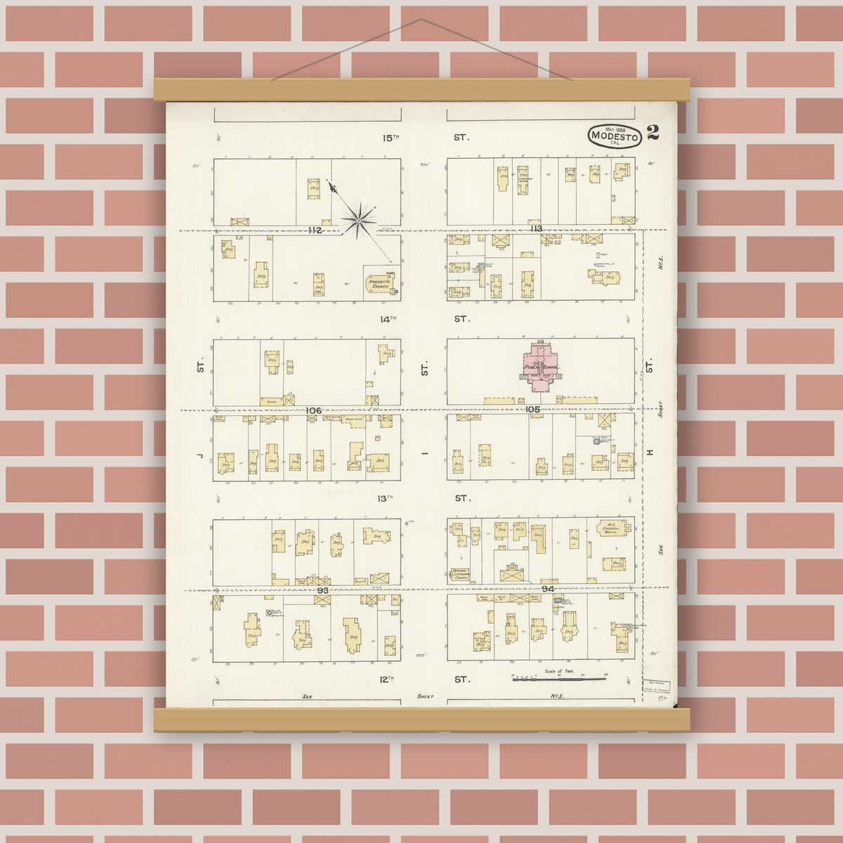 Old map wall art mockup — magnetic wood frame on brick wall — Sanborn Fire Insurance Map from Modesto, Stanislaus County, California (1888), Sheet #0002