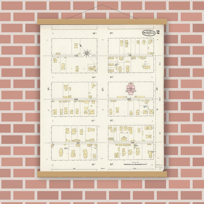 Old map wall art mockup — magnetic wood frame on brick wall — Sanborn Fire Insurance Map from Modesto, Stanislaus County, California (1888), Sheet #0002