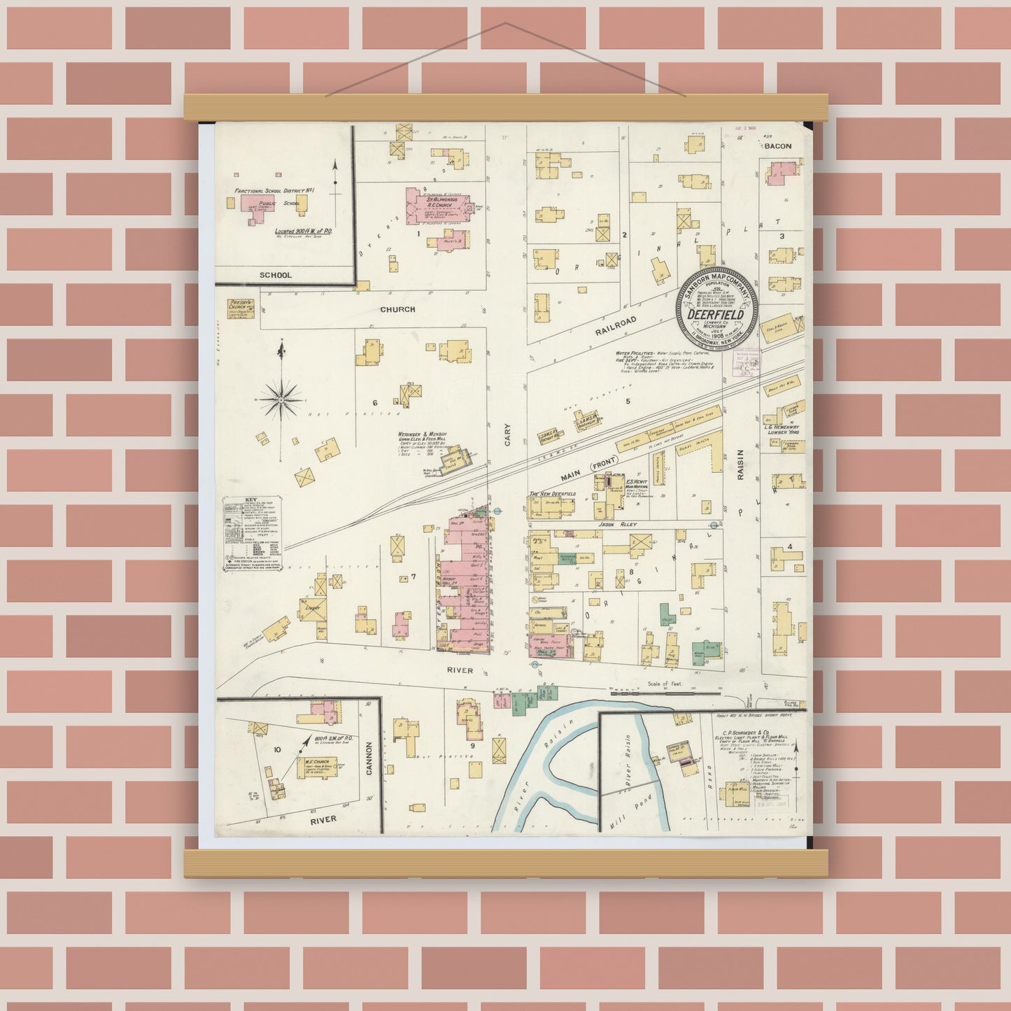 Old map wall art mockup — magnetic wood frame on brick wall — Sanborn Fire Insurance Map from Deerfield, Lenawee County, Michigan (1908), Sheet #0001