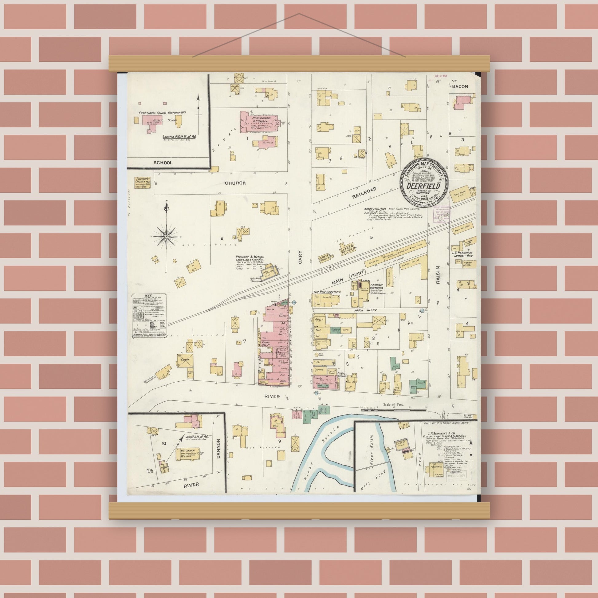 Old map wall art mockup — magnetic wood frame on brick wall — Sanborn Fire Insurance Map from Deerfield, Lenawee County, Michigan (1908), Sheet #0001