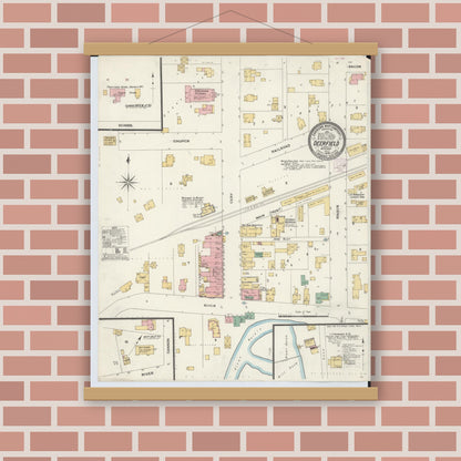 Old map wall art mockup — magnetic wood frame on brick wall — Sanborn Fire Insurance Map from Deerfield, Lenawee County, Michigan (1908), Sheet #0001