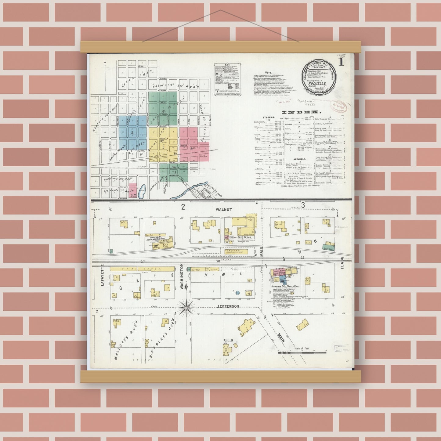 Old map wall art mockup — magnetic wood frame on brick wall — Sanborn Fire Insurance Map from Rochelle, Ogle County, Illinois (1899) - Complete Map Set