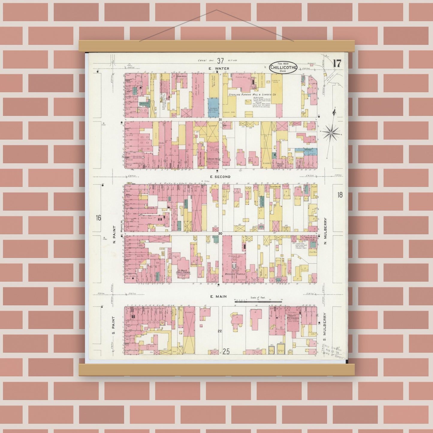 Old map wall art mockup — magnetic wood frame on brick wall — Sanborn Fire Insurance Map from Chillicothe, Ross County, Ohio (1909), Sheet #0017