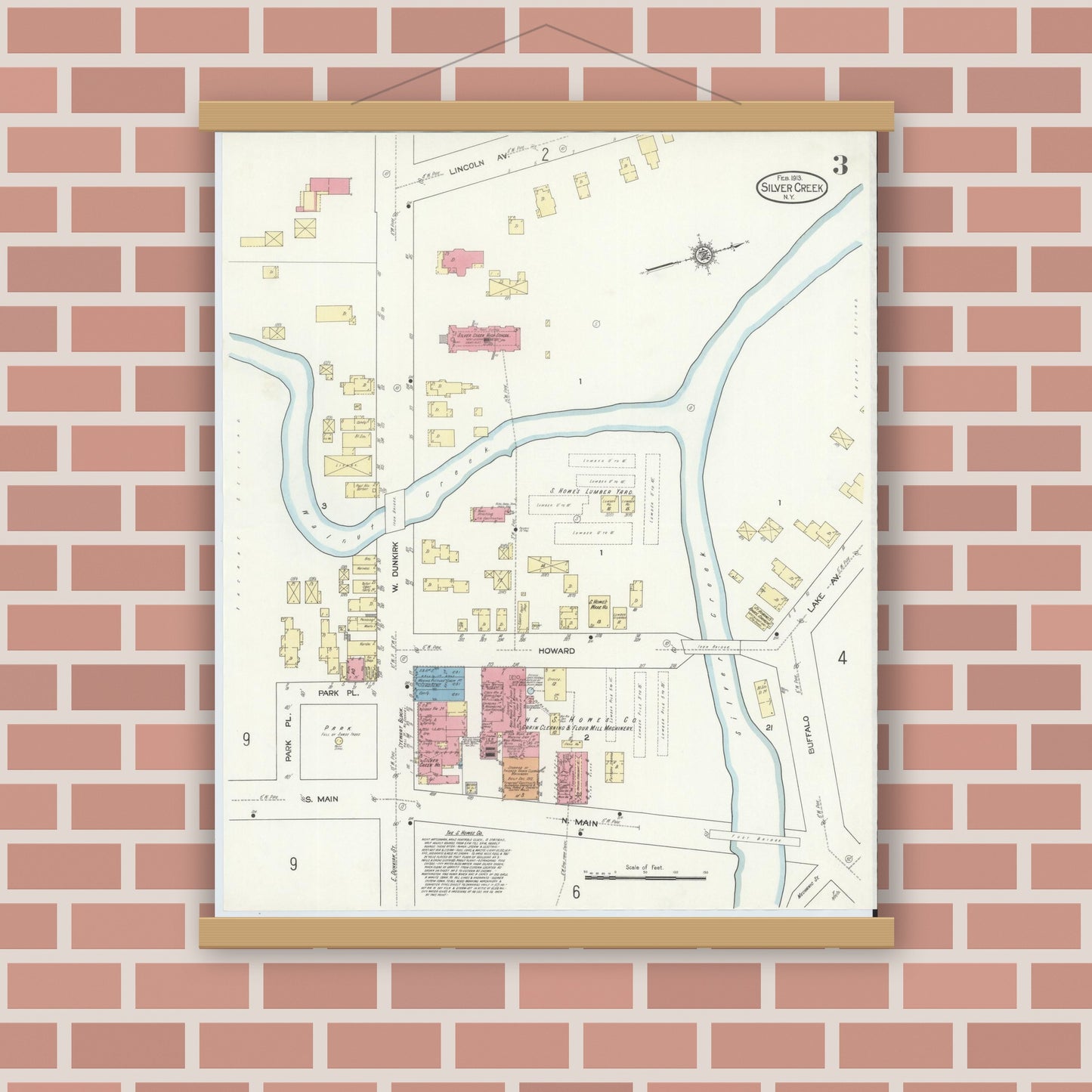 Old map wall art mockup — magnetic wood frame on brick wall — Sanborn Fire Insurance Map from Silver Creek, Chautauqua County, New York (1913), Sheet #0003