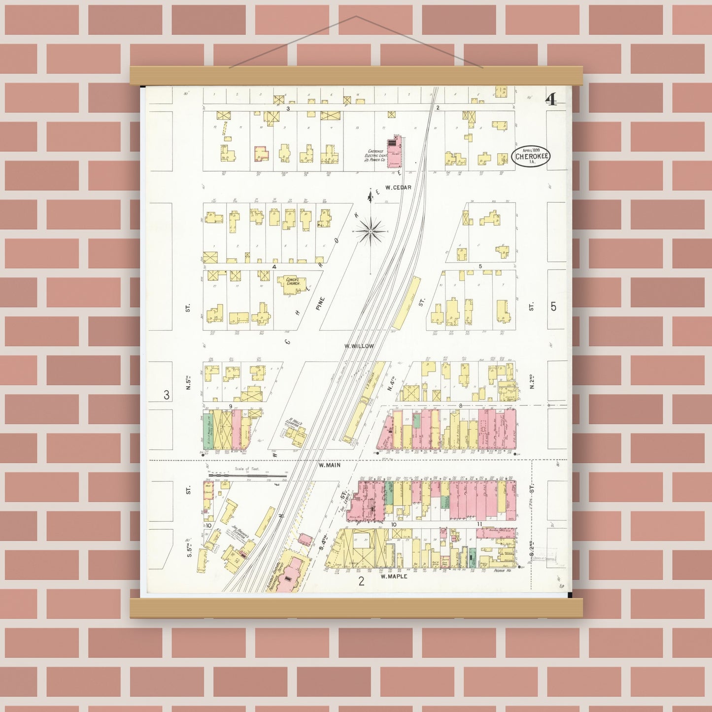 Old map wall art mockup — magnetic wood frame on brick wall — Sanborn Fire Insurance Map from Cherokee, Cherokee County, Iowa (1899), Sheet #0004