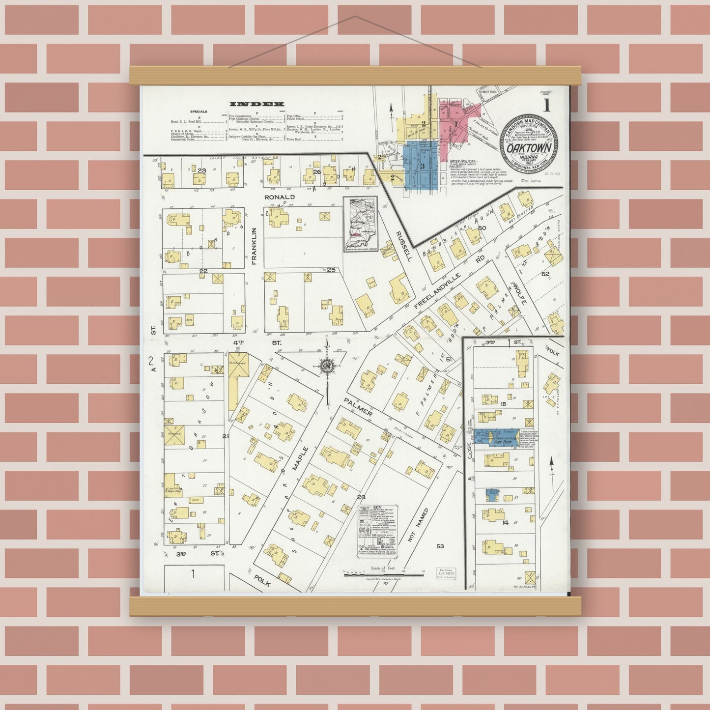 Old map wall art mockup — magnetic wood frame on brick wall — Sanborn Fire Insurance Map from Oaktown, Knox County, Indiana (1921) - Complete Map Set