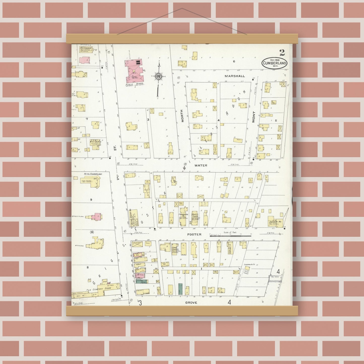 Old map wall art mockup — magnetic wood frame on brick wall — Sanborn Fire Insurance Map from Cumberland, Barron County, Wisconsin (1909), Sheet #0002