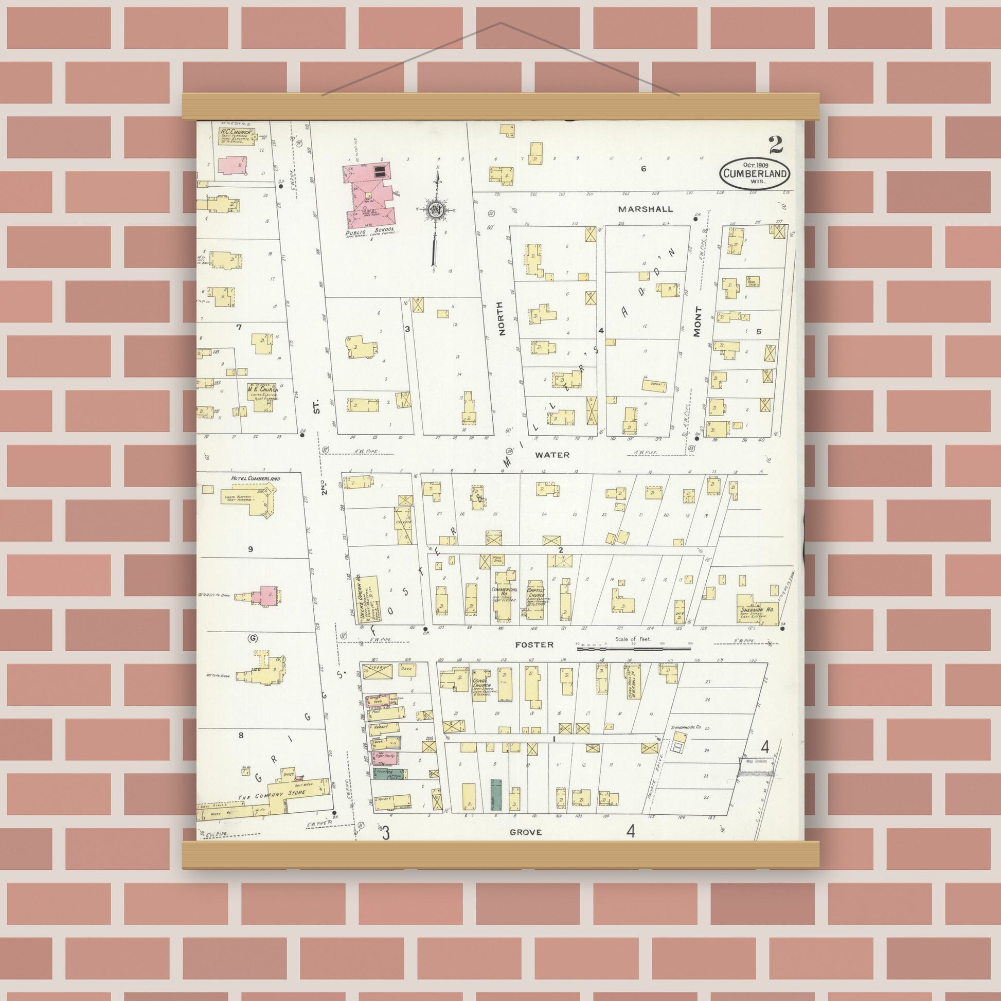 Old map wall art mockup — magnetic wood frame on brick wall — Sanborn Fire Insurance Map from Cumberland, Barron County, Wisconsin (1909), Sheet #0002