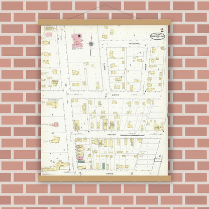 Old map wall art mockup — magnetic wood frame on brick wall — Sanborn Fire Insurance Map from Cumberland, Barron County, Wisconsin (1909), Sheet #0002