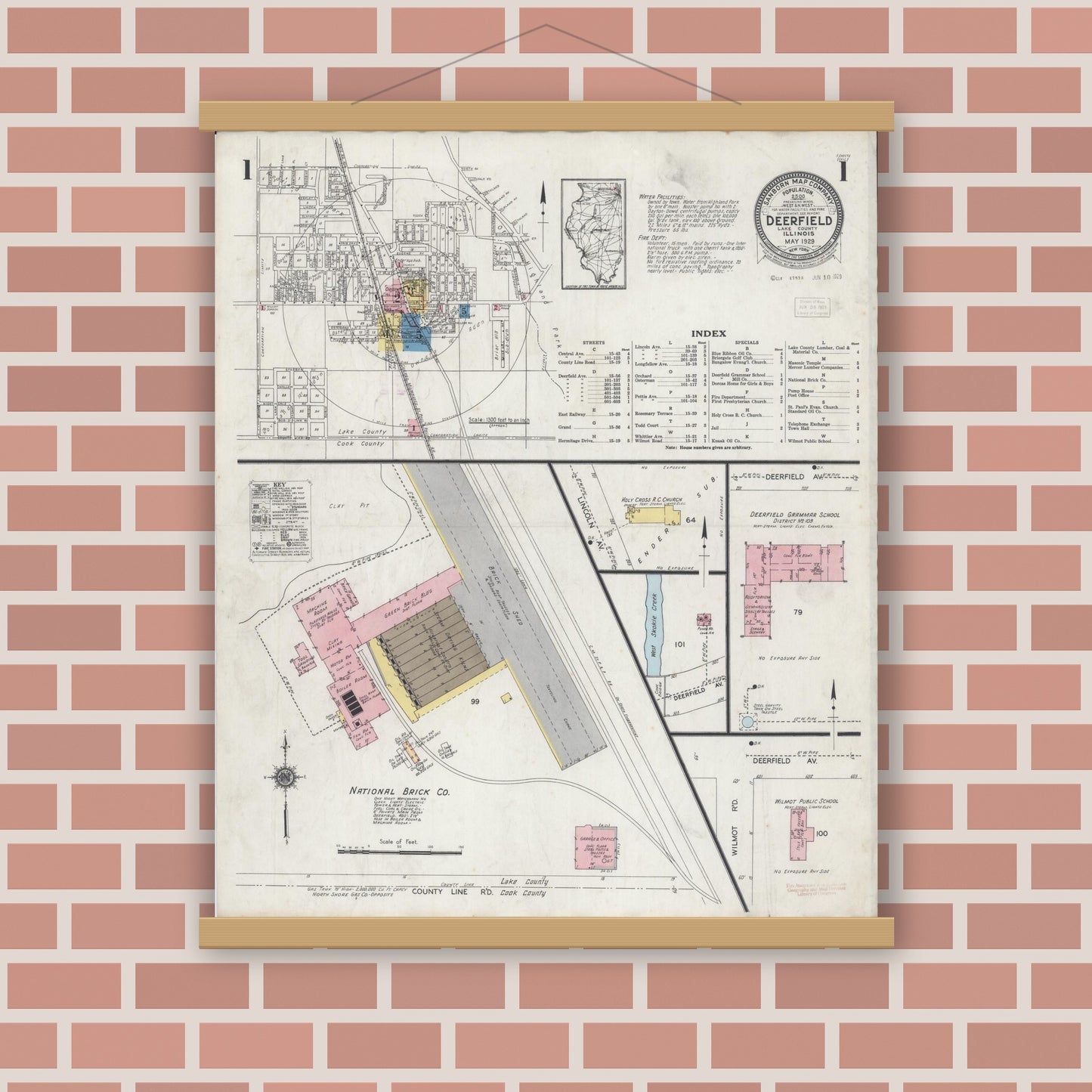 Old map wall art mockup — magnetic wood frame on brick wall — Sanborn Fire Insurance Map from Deerfield, Lake County, Illinois (1929), Sheet #0001