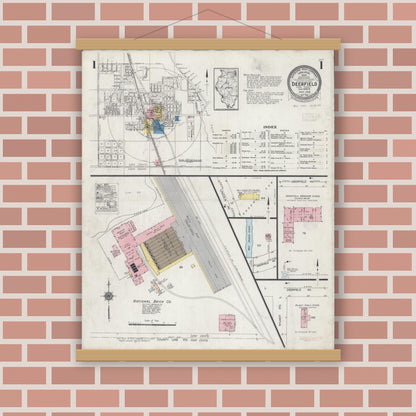 Old map wall art mockup — magnetic wood frame on brick wall — Sanborn Fire Insurance Map from Deerfield, Lake County, Illinois (1929), Sheet #0001