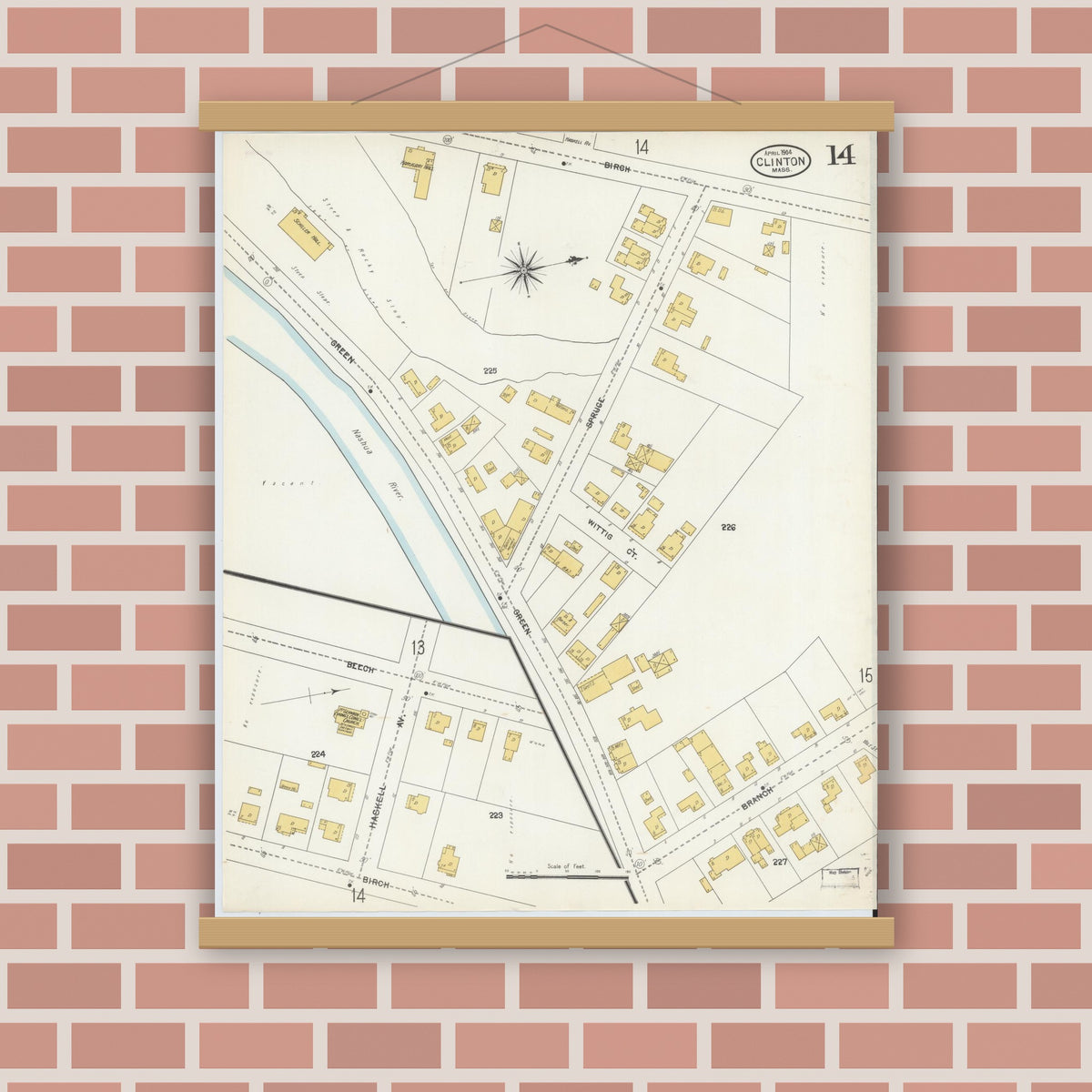 Old map wall art mockup — magnetic wood frame on brick wall — Sanborn Fire Insurance Map from Clinton, Worcester County, Massachusetts (1904), Sheet #0014