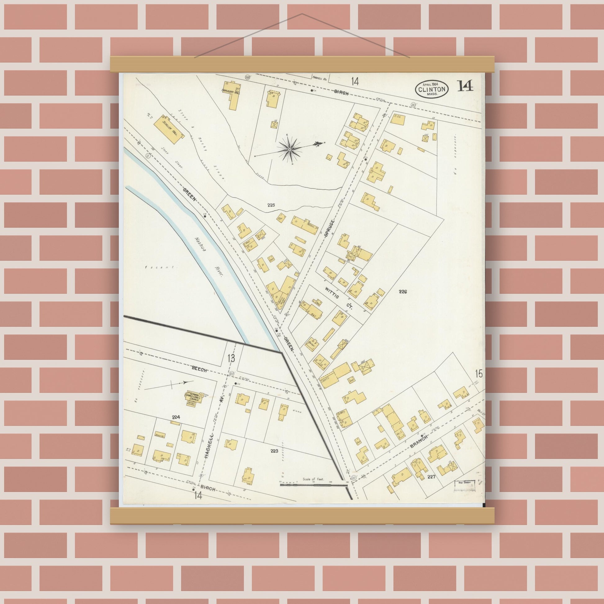 Old map wall art mockup — magnetic wood frame on brick wall — Sanborn Fire Insurance Map from Clinton, Worcester County, Massachusetts (1904), Sheet #0014