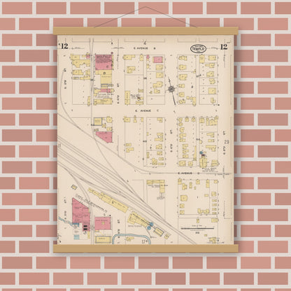 Old map wall art mockup — magnetic wood frame on brick wall — Sanborn Fire Insurance Map from Temple, Bell County, Texas (1922), Sheet #0012