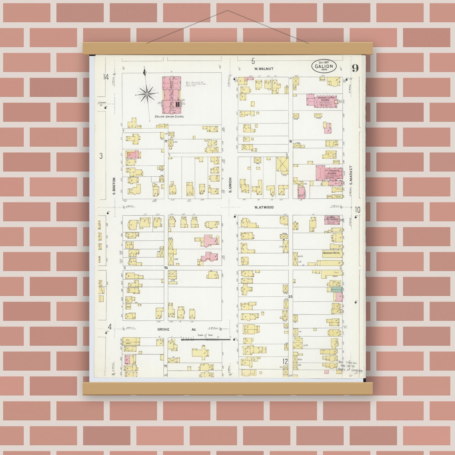 Old map wall art mockup — magnetic wood frame on brick wall — Sanborn Fire Insurance Map from Galion, Crawford County, Ohio (1907), Sheet #0009