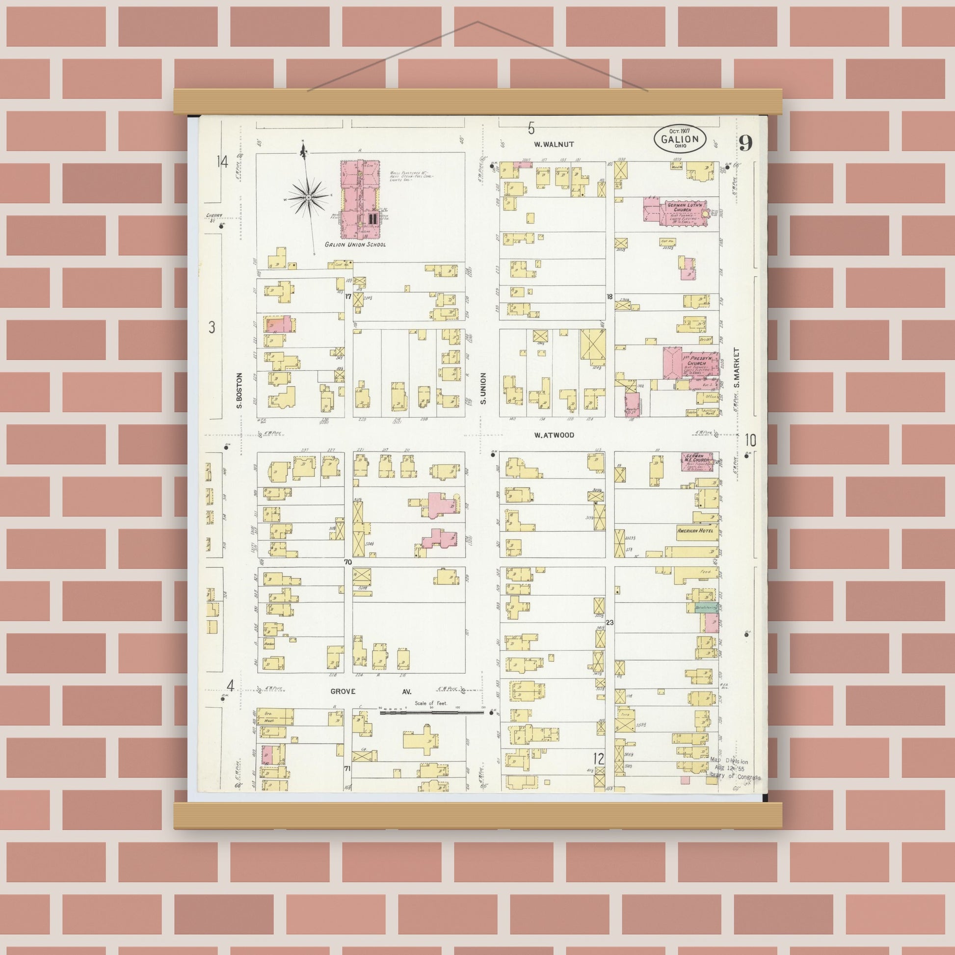 Old map wall art mockup — magnetic wood frame on brick wall — Sanborn Fire Insurance Map from Galion, Crawford County, Ohio (1907), Sheet #0009