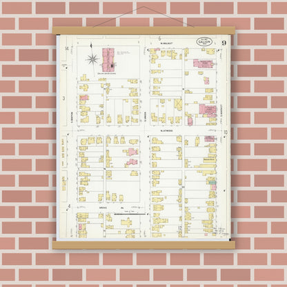 Old map wall art mockup — magnetic wood frame on brick wall — Sanborn Fire Insurance Map from Galion, Crawford County, Ohio (1907), Sheet #0009