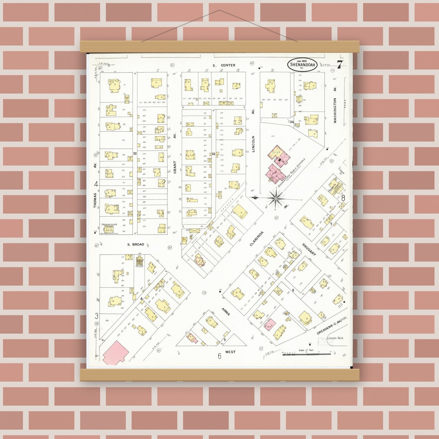 Old map wall art mockup — magnetic wood frame on brick wall — Sanborn Fire Insurance Map from Shenandoah, Page County, Iowa (1909), Sheet #0007