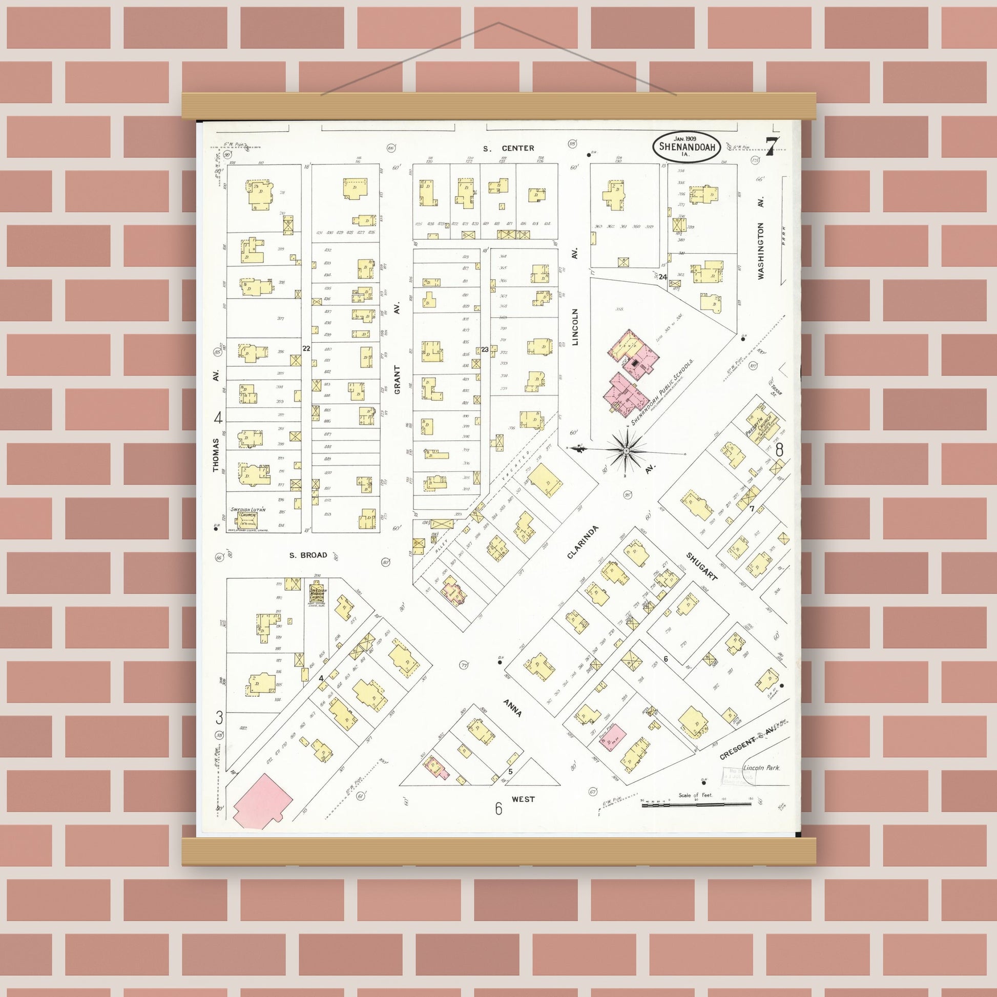 Old map wall art mockup — magnetic wood frame on brick wall — Sanborn Fire Insurance Map from Shenandoah, Page County, Iowa (1909), Sheet #0007